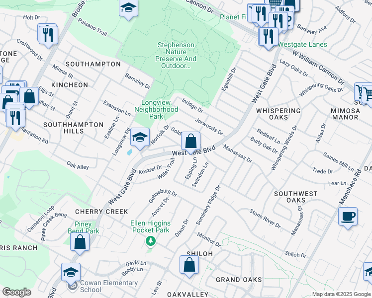 map of restaurants, bars, coffee shops, grocery stores, and more near 7900 West Gate Boulevard in Austin