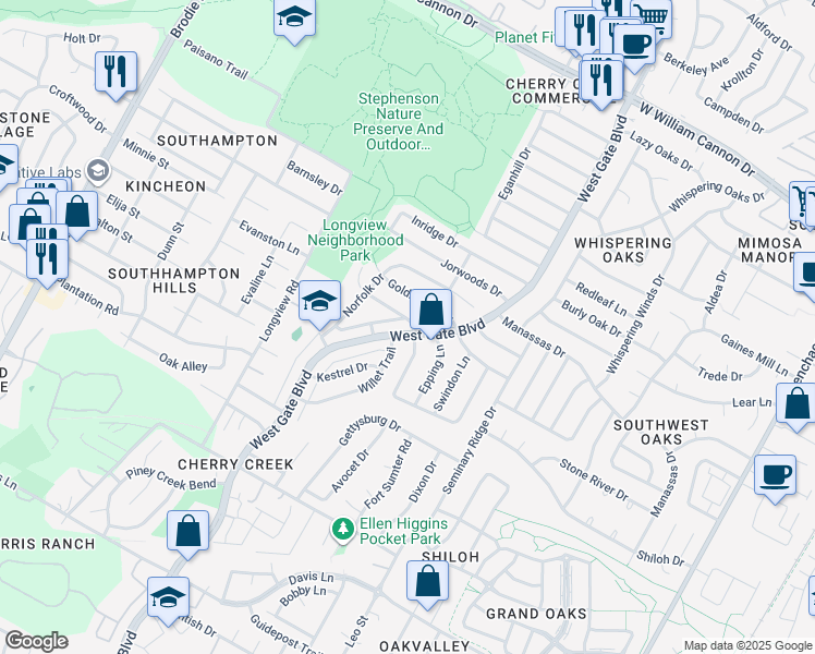 map of restaurants, bars, coffee shops, grocery stores, and more near 7900 West Gate Boulevard in Austin