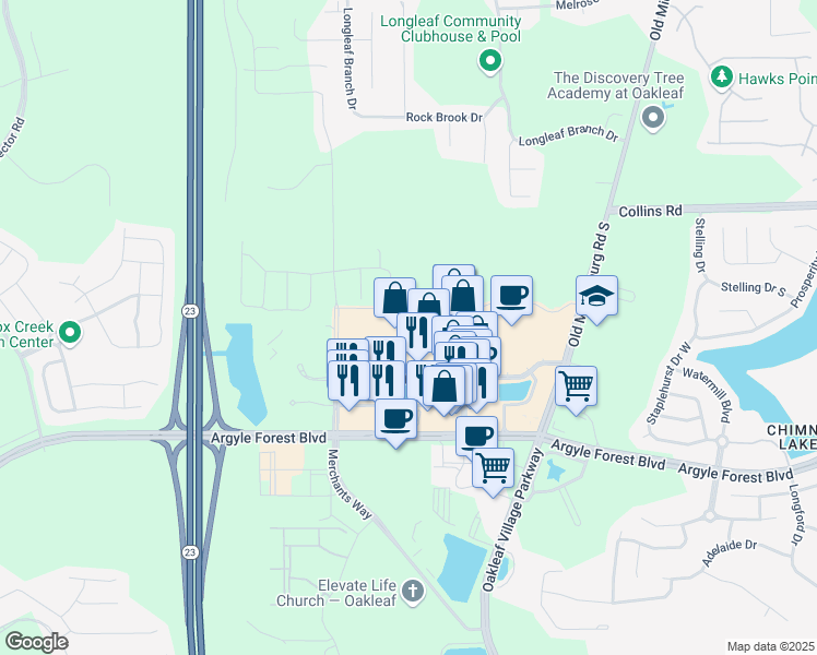 map of restaurants, bars, coffee shops, grocery stores, and more near 9701 Crosshill Boulevard in Jacksonville