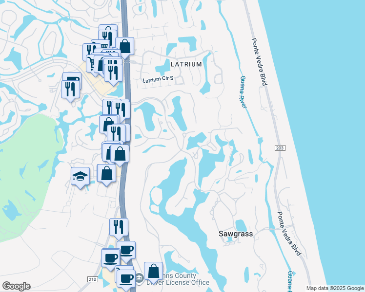 map of restaurants, bars, coffee shops, grocery stores, and more near 40 Fishermans Cove Road in Ponte Vedra Beach