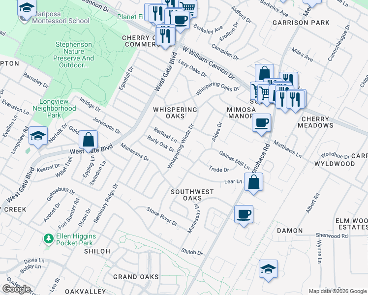 map of restaurants, bars, coffee shops, grocery stores, and more near 7501 Whispering Winds Drive in Austin