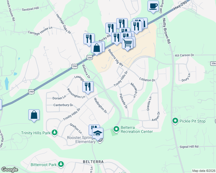 map of restaurants, bars, coffee shops, grocery stores, and more near 761 Trinity Hills Drive in Austin