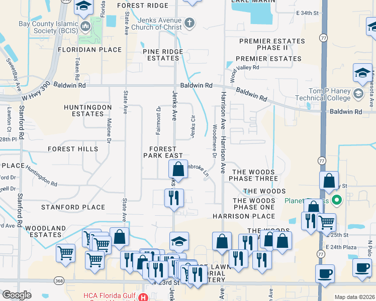 map of restaurants, bars, coffee shops, grocery stores, and more near 106 Ridgecrest Court in Panama City