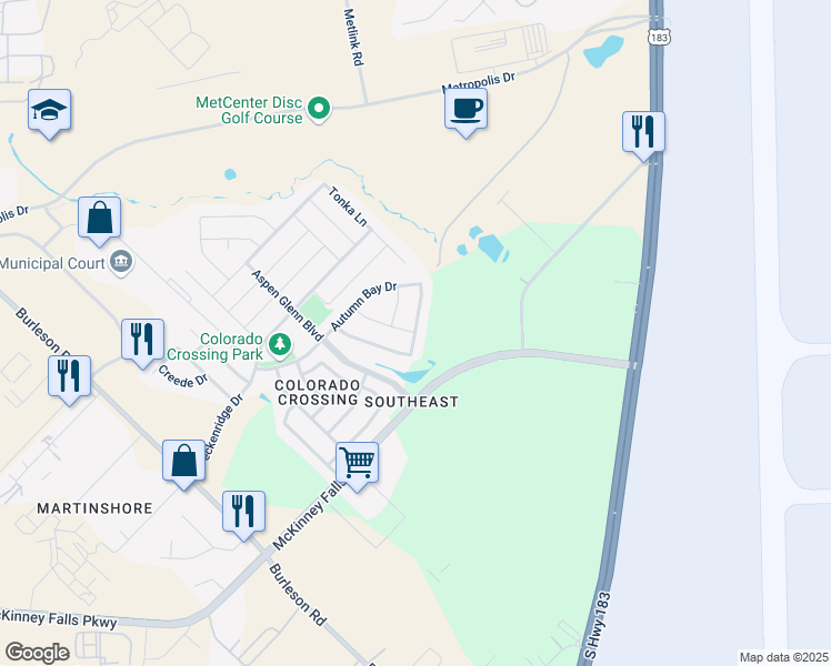 map of restaurants, bars, coffee shops, grocery stores, and more near Sand Dunes Avenue in Austin