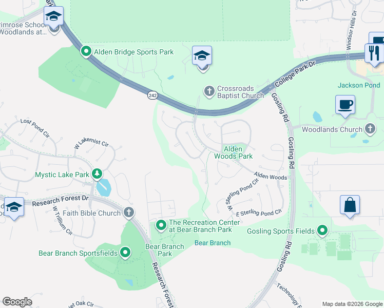 map of restaurants, bars, coffee shops, grocery stores, and more near 38 South Silver Crescent Circle in Spring