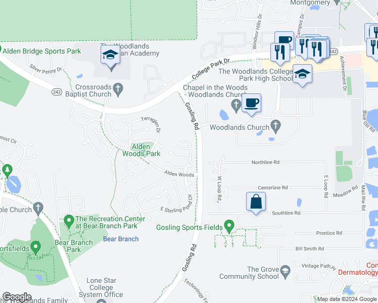 map of restaurants, bars, coffee shops, grocery stores, and more near 3 South Avonlea Circle in Spring