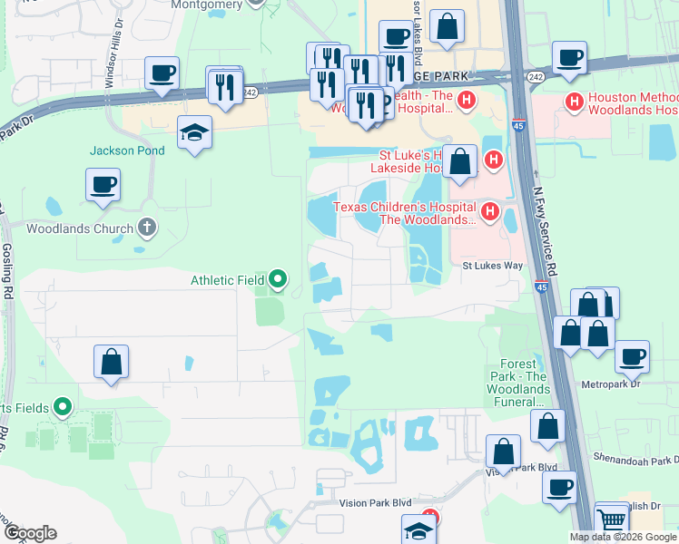 map of restaurants, bars, coffee shops, grocery stores, and more near 17720 Black Bass Drive in Conroe