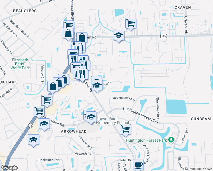 map of restaurants, bars, coffee shops, grocery stores, and more near 4024 Laurelwood Drive in Jacksonville