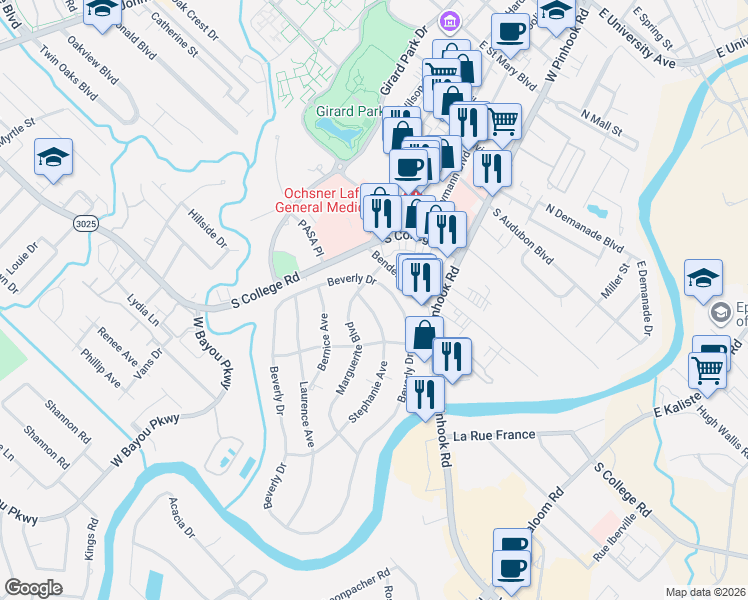 map of restaurants, bars, coffee shops, grocery stores, and more near 103 Stephanie Ave in Lafayette