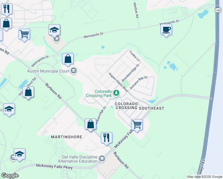 map of restaurants, bars, coffee shops, grocery stores, and more near 3904 Breckenridge Drive in Austin