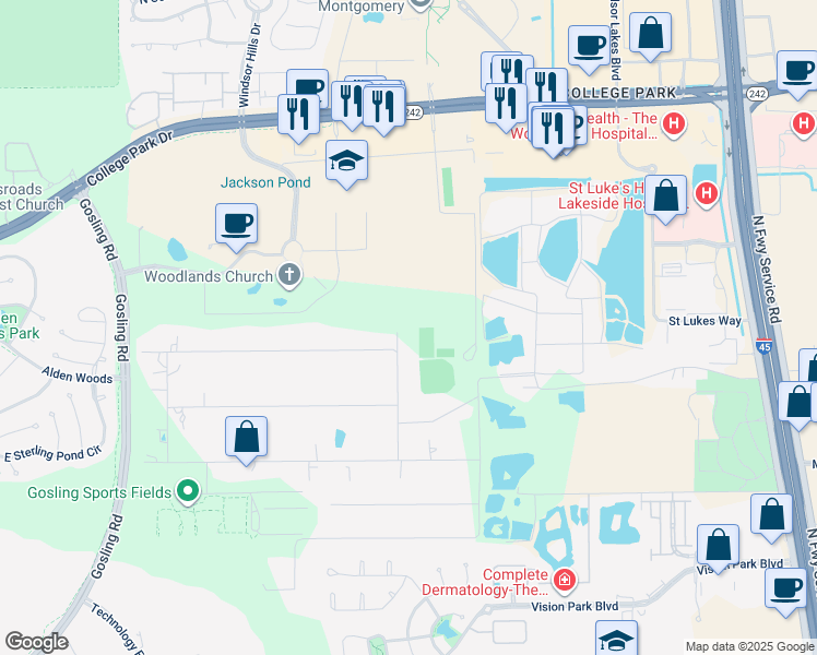 map of restaurants, bars, coffee shops, grocery stores, and more near 17773 East Loop Road in Conroe