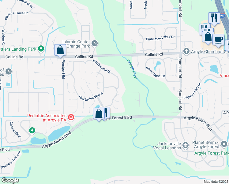 map of restaurants, bars, coffee shops, grocery stores, and more near 8098 Coatbridge Lane East in Jacksonville