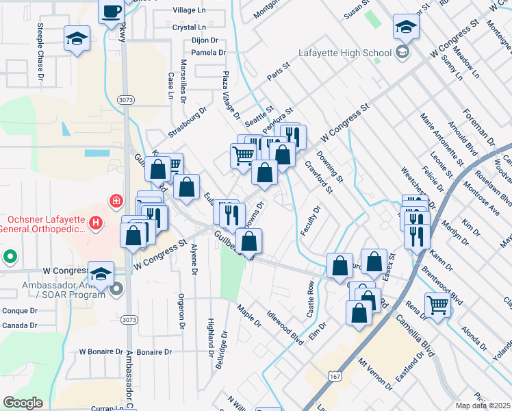map of restaurants, bars, coffee shops, grocery stores, and more near 415 Bell Downs Drive in Lafayette