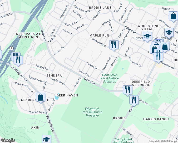 map of restaurants, bars, coffee shops, grocery stores, and more near 8901 Ampezo Trail in Austin