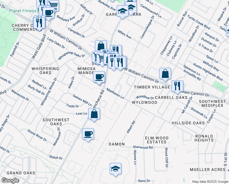 map of restaurants, bars, coffee shops, grocery stores, and more near 1806A Matthews Lane in Austin