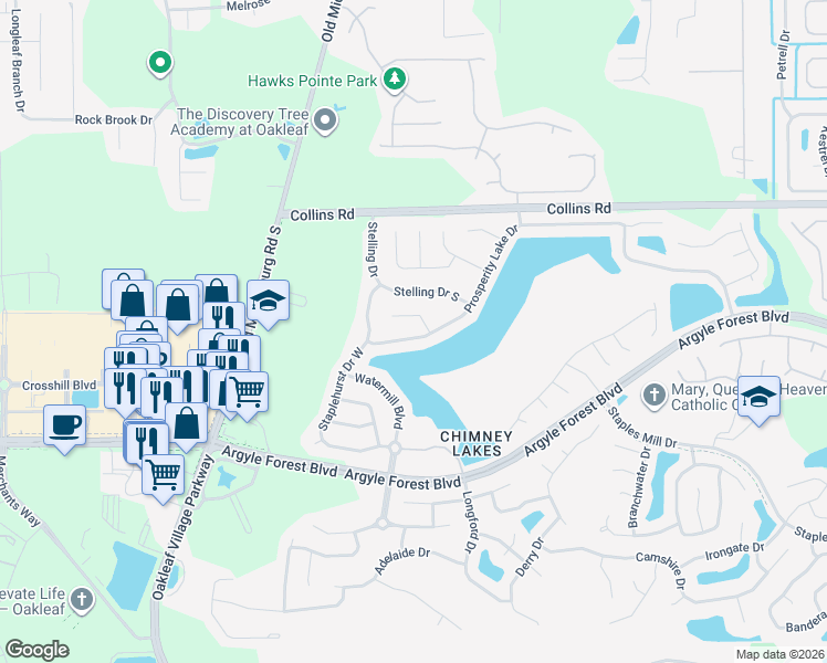 map of restaurants, bars, coffee shops, grocery stores, and more near 9417 Prosperity Lake Drive in Jacksonville