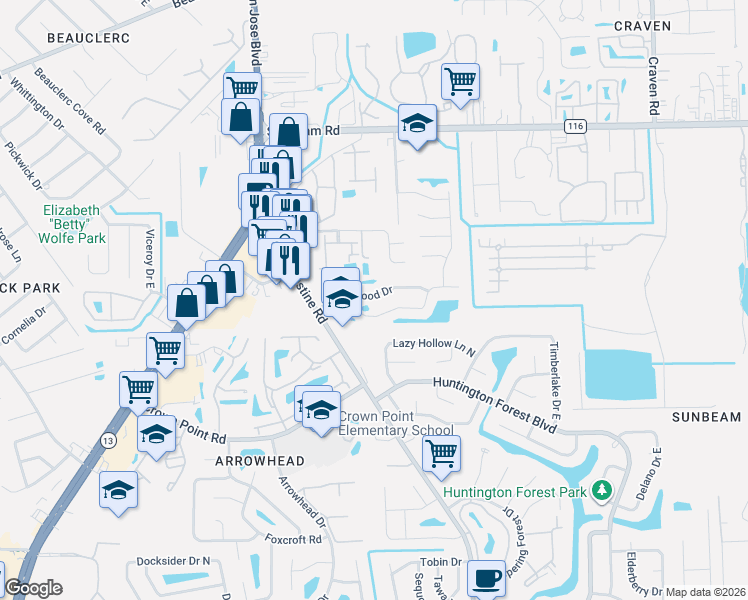 map of restaurants, bars, coffee shops, grocery stores, and more near 4024 Laurelwood Drive in Jacksonville