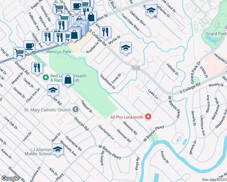 map of restaurants, bars, coffee shops, grocery stores, and more near 215 Clem Dr in Lafayette