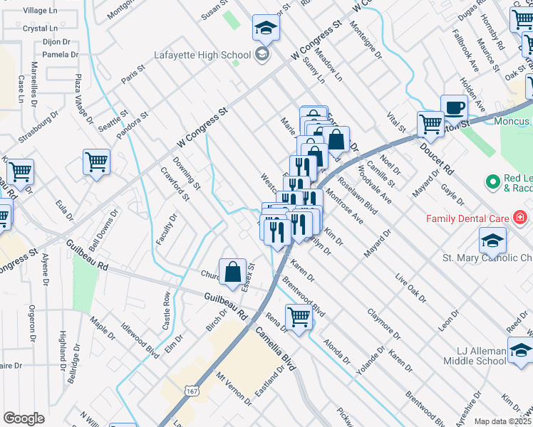 map of restaurants, bars, coffee shops, grocery stores, and more near 121 Emerite Drive in Lafayette
