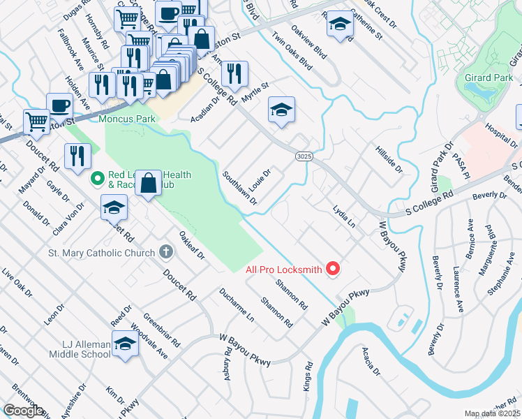 map of restaurants, bars, coffee shops, grocery stores, and more near 215 Clem Dr in Lafayette