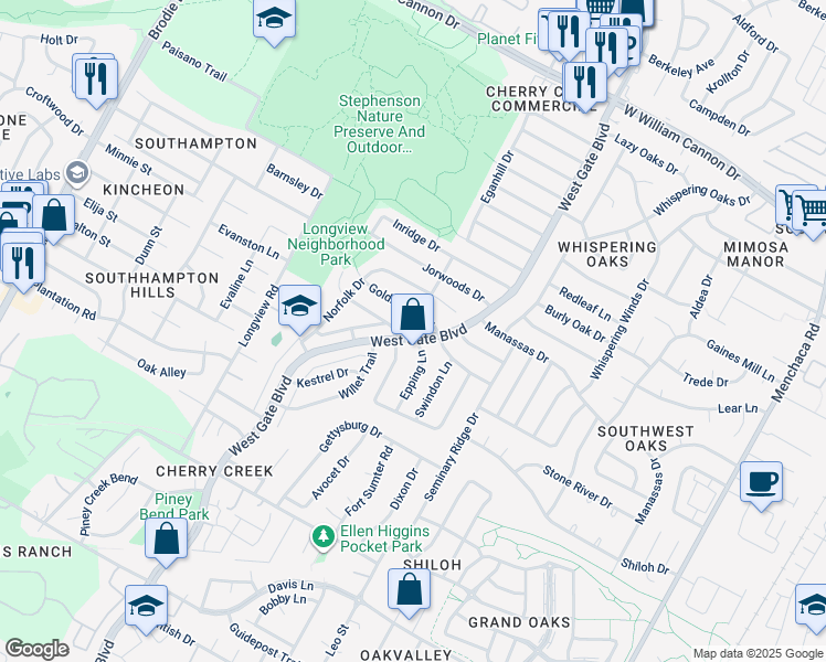 map of restaurants, bars, coffee shops, grocery stores, and more near 7900 West Gate Boulevard in Austin
