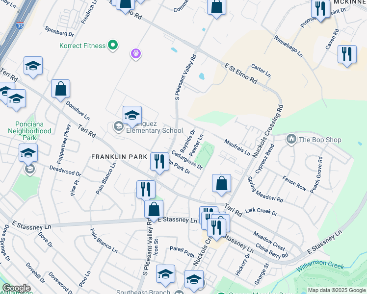 map of restaurants, bars, coffee shops, grocery stores, and more near 4607 Bayside Drive in Austin