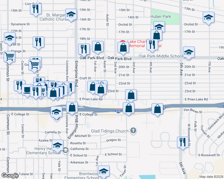 map of restaurants, bars, coffee shops, grocery stores, and more near 1509 23rd Street in Lake Charles