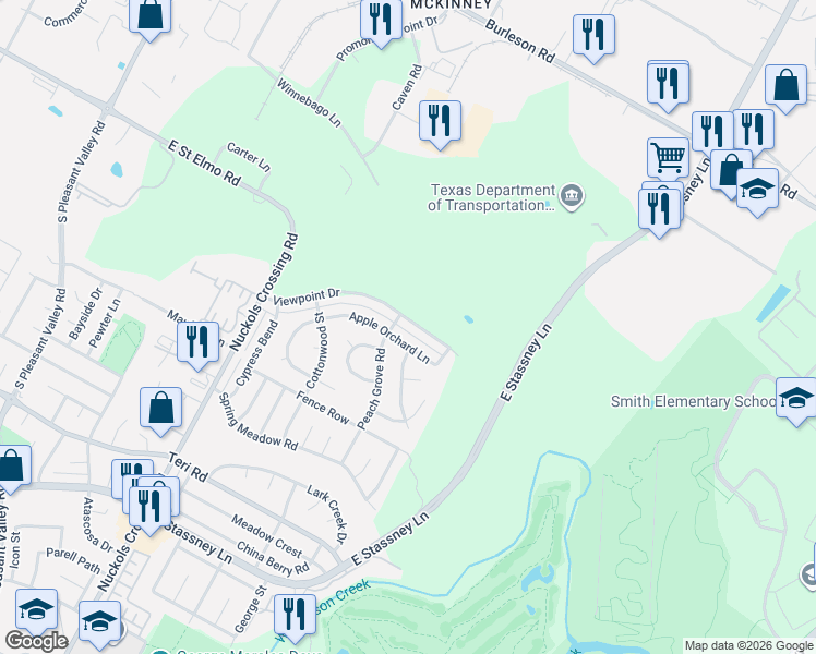 map of restaurants, bars, coffee shops, grocery stores, and more near 5711 Viewpoint Drive in Austin