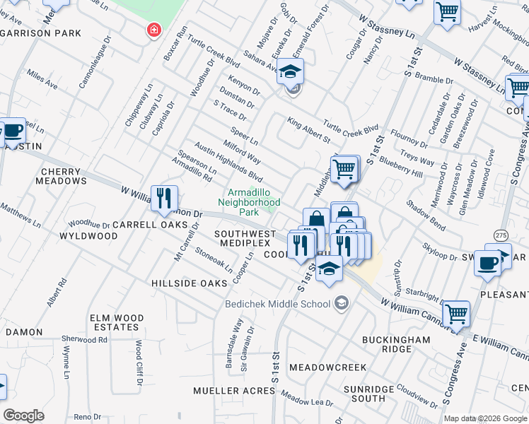 map of restaurants, bars, coffee shops, grocery stores, and more near 901 Armadillo Road in Austin