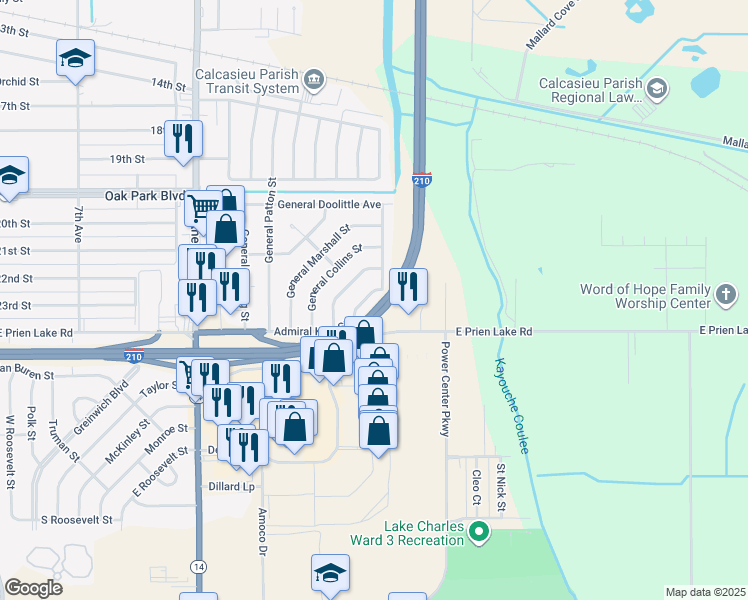 map of restaurants, bars, coffee shops, grocery stores, and more near 3113 Admiral King Street in Lake Charles