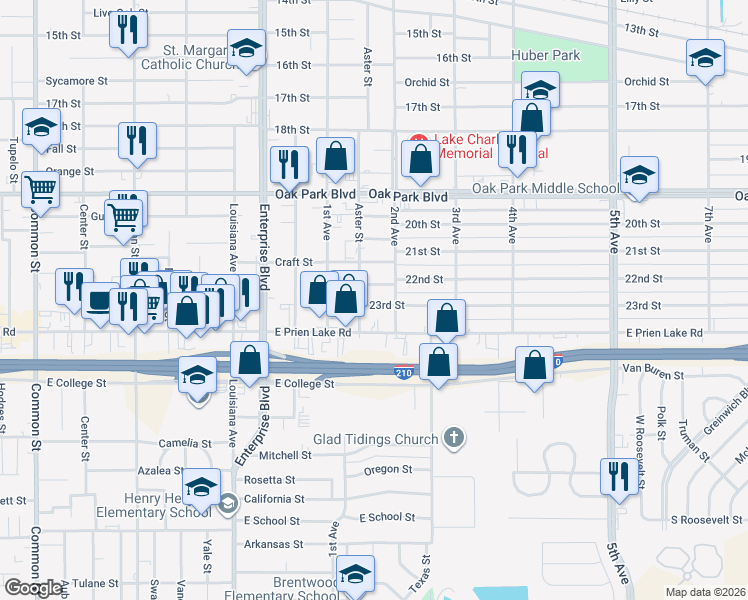 map of restaurants, bars, coffee shops, grocery stores, and more near 1509 23rd Street in Lake Charles