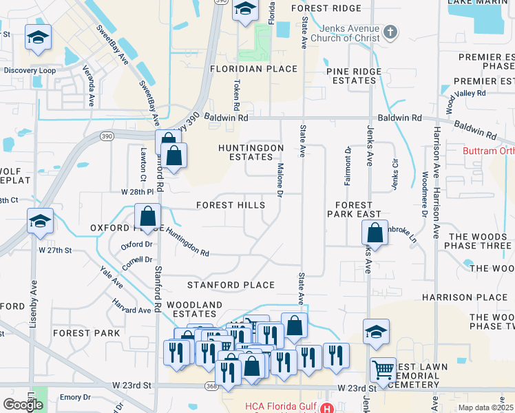 map of restaurants, bars, coffee shops, grocery stores, and more near 2813 Gordon Street in Panama City