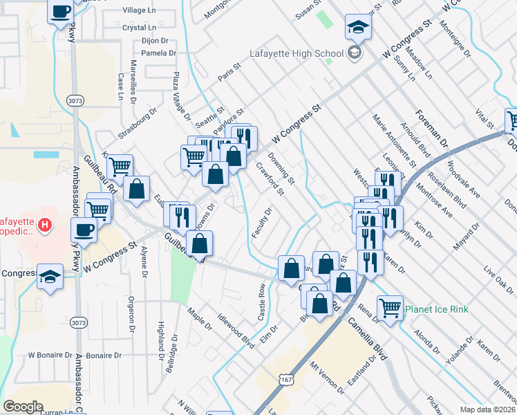 map of restaurants, bars, coffee shops, grocery stores, and more near 106 Coventry Street in Lafayette