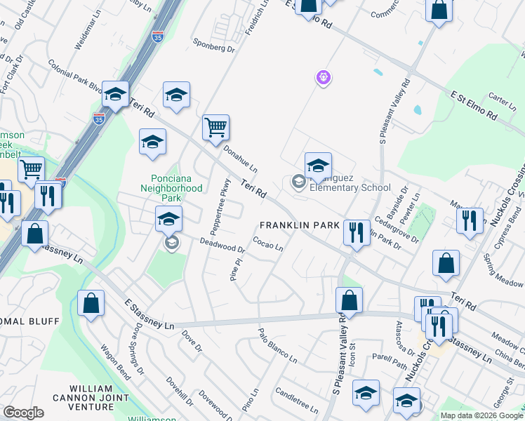 map of restaurants, bars, coffee shops, grocery stores, and more near 2307 Teri Road in Austin