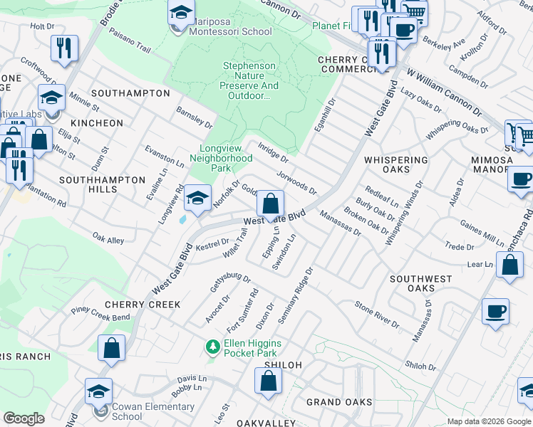 map of restaurants, bars, coffee shops, grocery stores, and more near 7900 West Gate Boulevard in Austin