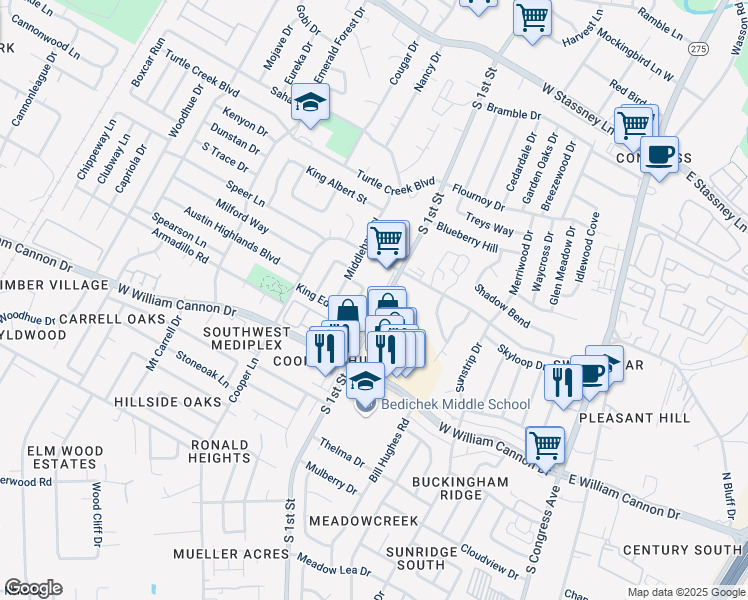map of restaurants, bars, coffee shops, grocery stores, and more near 6500 South 1st Street in Austin