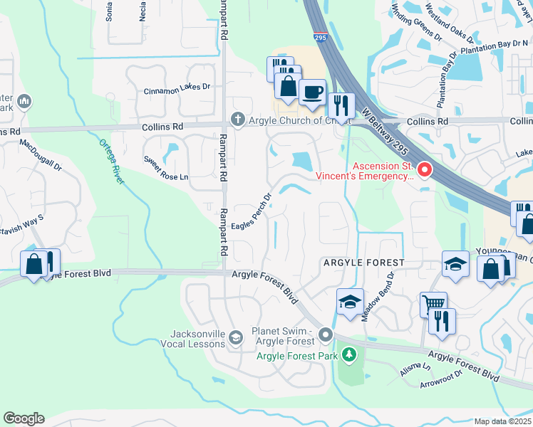map of restaurants, bars, coffee shops, grocery stores, and more near 8321 Knotts Landing Drive East in Jacksonville