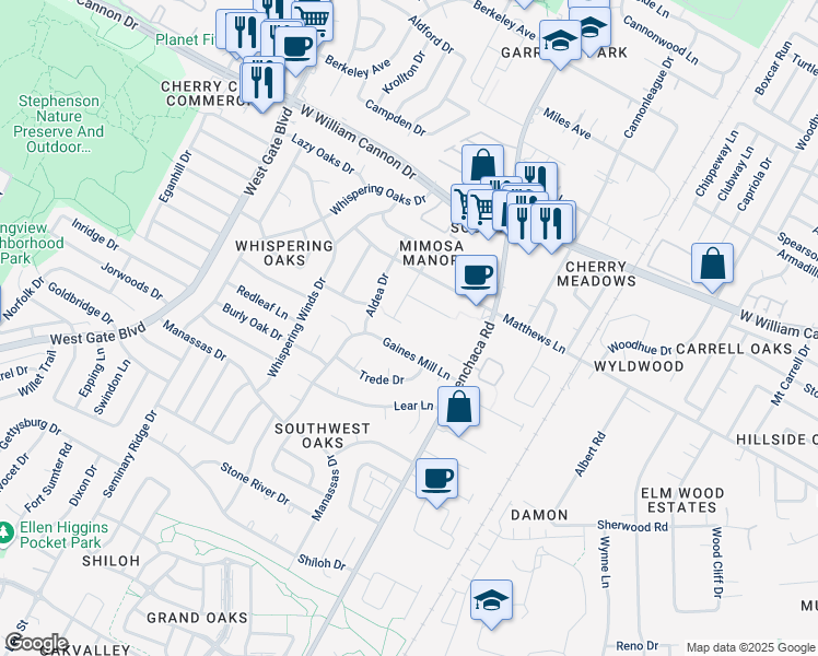 map of restaurants, bars, coffee shops, grocery stores, and more near 2101 Granberry Drive in Austin