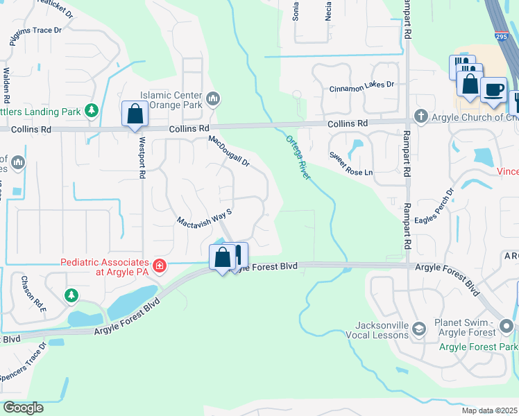 map of restaurants, bars, coffee shops, grocery stores, and more near 8098 Coatbridge Lane East in Jacksonville