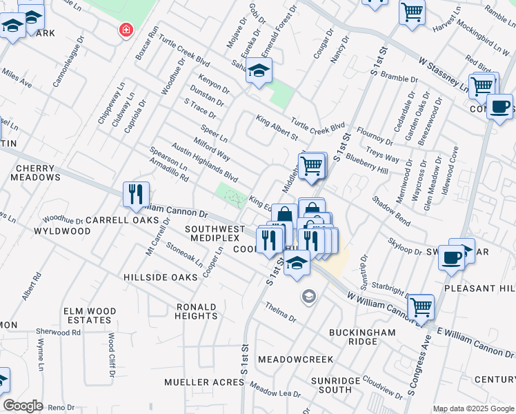 map of restaurants, bars, coffee shops, grocery stores, and more near 809 King Edward Place in Austin