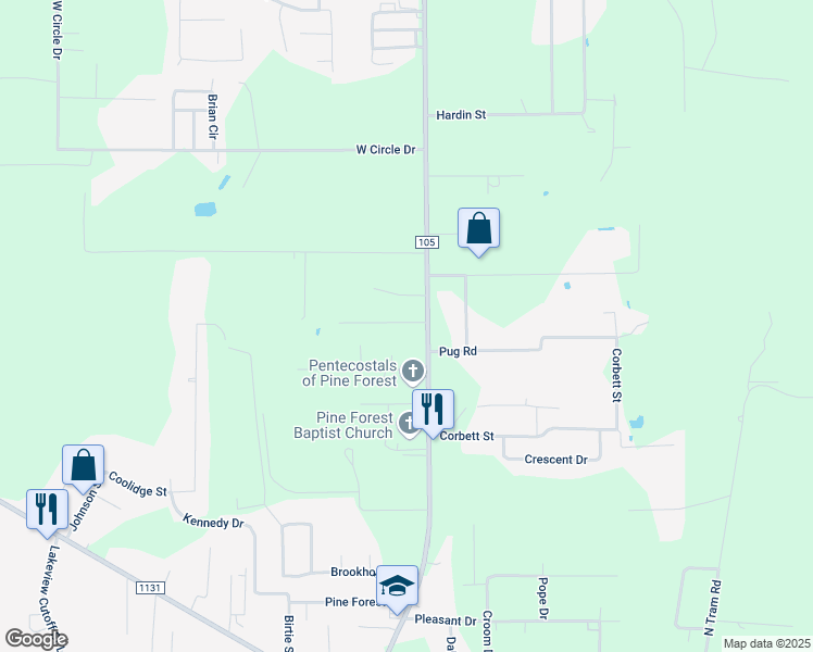 map of restaurants, bars, coffee shops, grocery stores, and more near 115 Briarcliff Road in Vidor