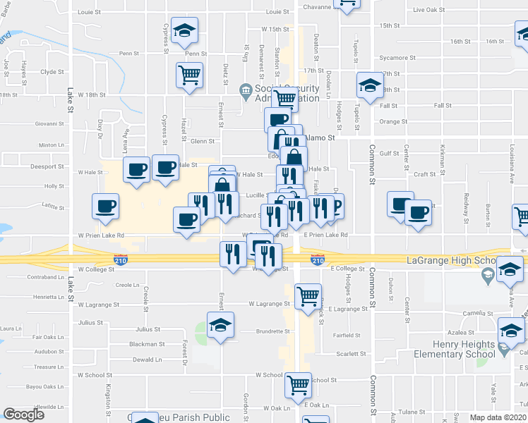 map of restaurants, bars, coffee shops, grocery stores, and more near 142 Richard Street in Lake Charles