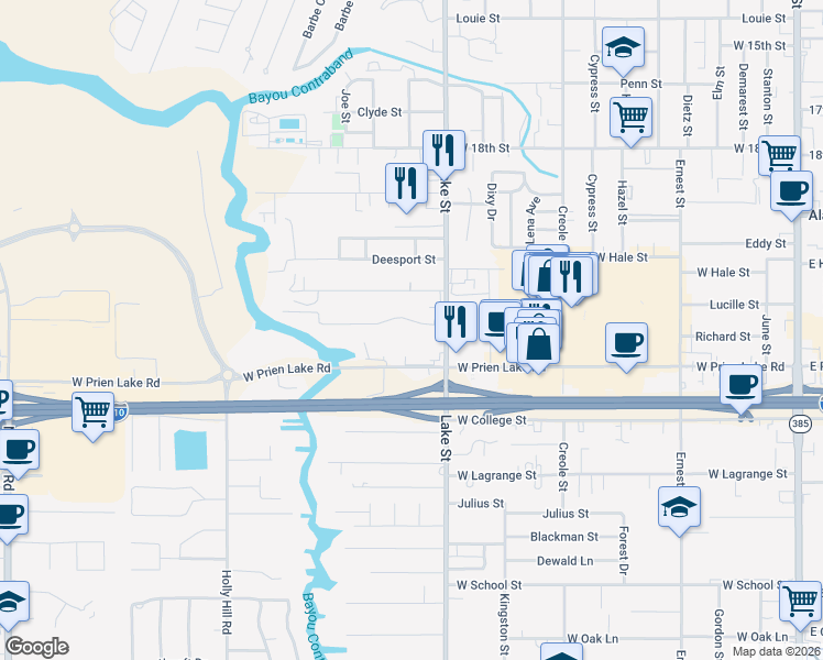 map of restaurants, bars, coffee shops, grocery stores, and more near 901 Lafitte Street in Lake Charles