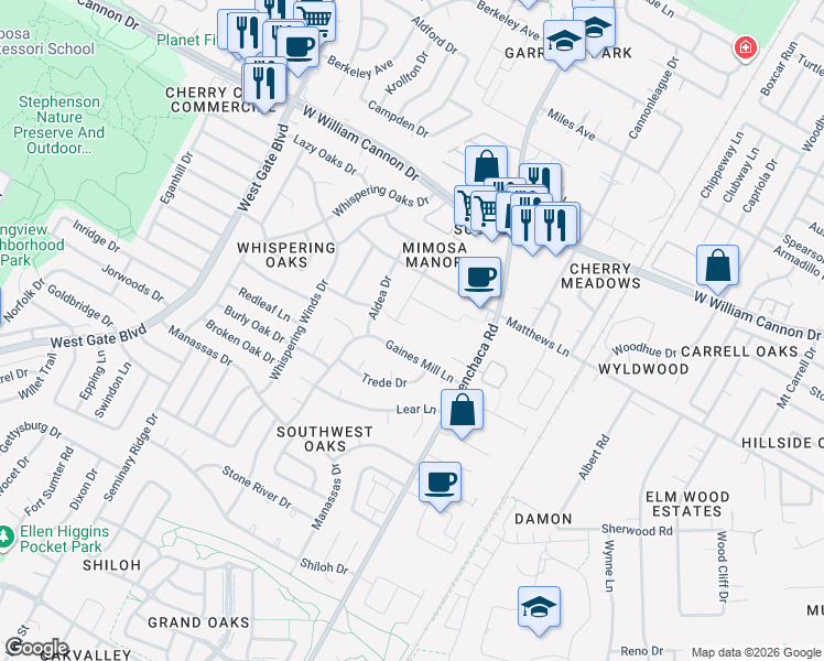 map of restaurants, bars, coffee shops, grocery stores, and more near 2101 Granberry Drive in Austin