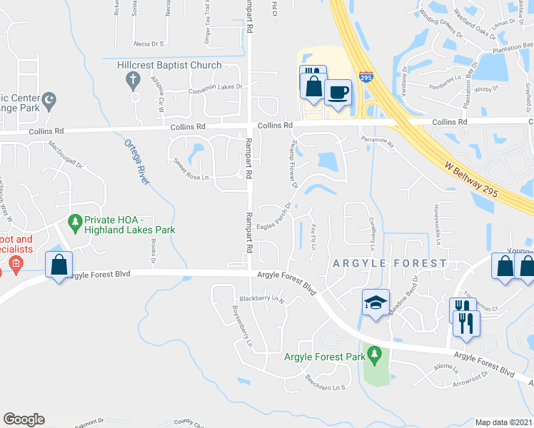 map of restaurants, bars, coffee shops, grocery stores, and more near 8242 Knotts Landing Drive North in Jacksonville