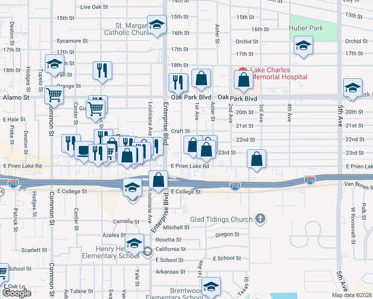 map of restaurants, bars, coffee shops, grocery stores, and more near 3207 Warren Ave in Lake Charles