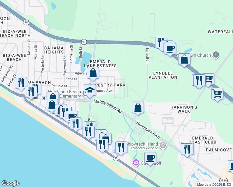 map of restaurants, bars, coffee shops, grocery stores, and more near 201 Columbus St in Panama City Beach