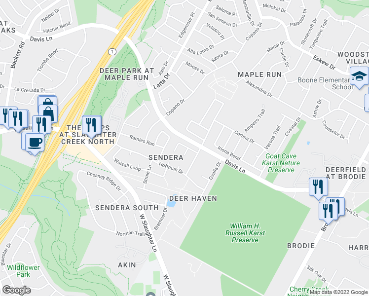 map of restaurants, bars, coffee shops, grocery stores, and more near 8900 Campo Verde Court in Austin