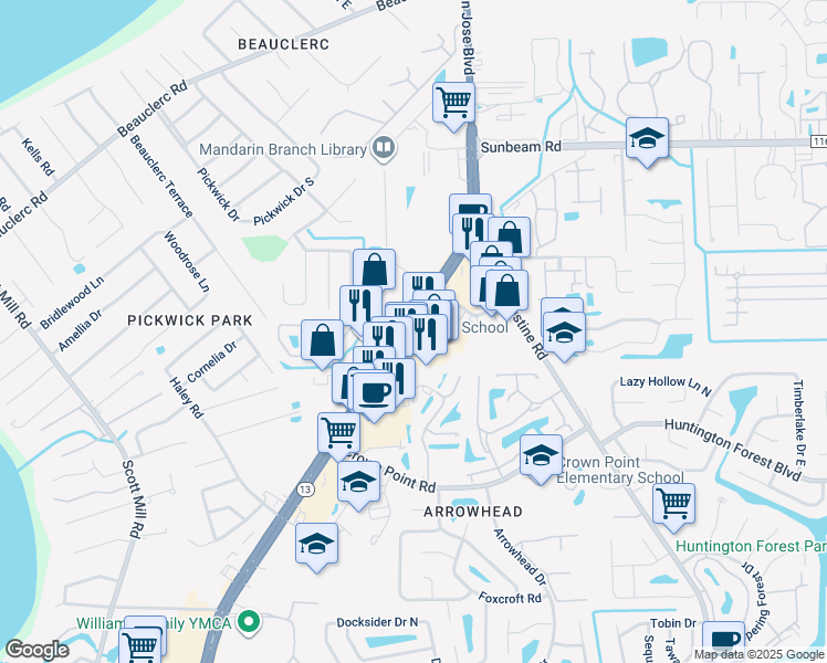 map of restaurants, bars, coffee shops, grocery stores, and more near in Jacksonville