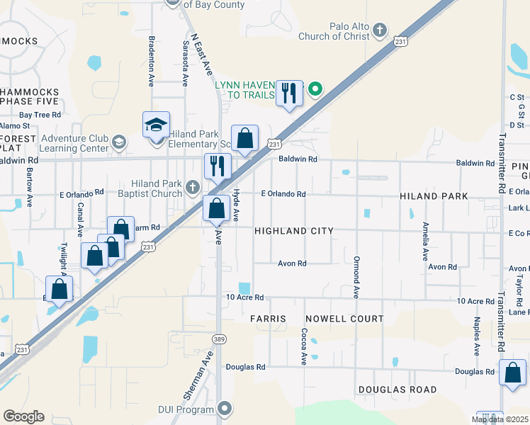 map of restaurants, bars, coffee shops, grocery stores, and more near 2800 Wakulla Avenue in Panama City